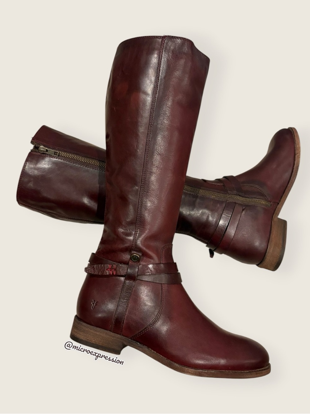$398 Frye Melissa Belted Burgundy Brown Fall Knee High Tall Leather Riding Boots - Picture 16 of 16